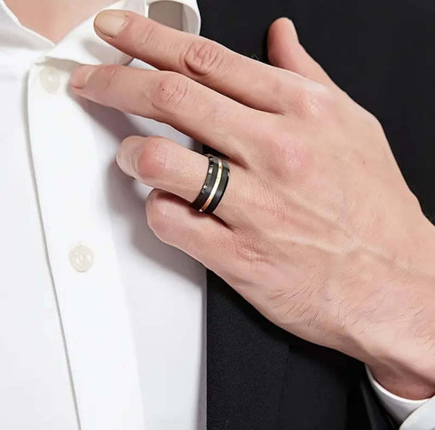 Men's 8mm Tungsten Brushed Black Rose Gold Grooved Comfort-Fit Wedding Band